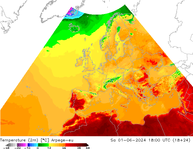 Temperatura (2m) Arpege-eu Sáb 01.06.2024 18 UTC