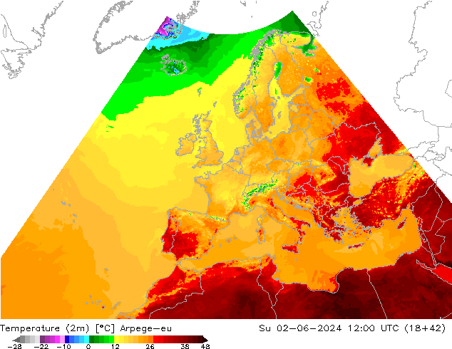 Temperatura (2m) Arpege-eu dom 02.06.2024 12 UTC