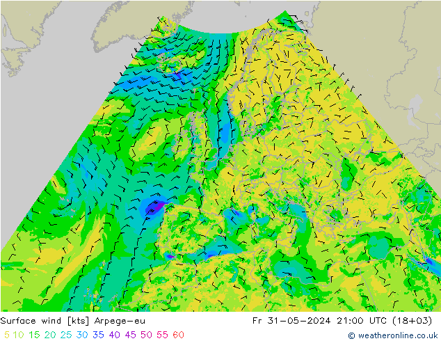 Vento 10 m Arpege-eu ven 31.05.2024 21 UTC