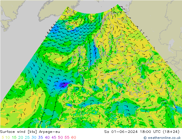 Wind 10 m Arpege-eu za 01.06.2024 18 UTC
