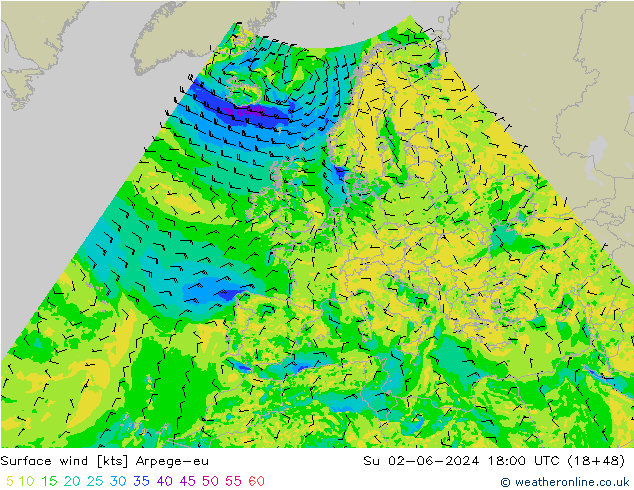 Wind 10 m Arpege-eu zo 02.06.2024 18 UTC