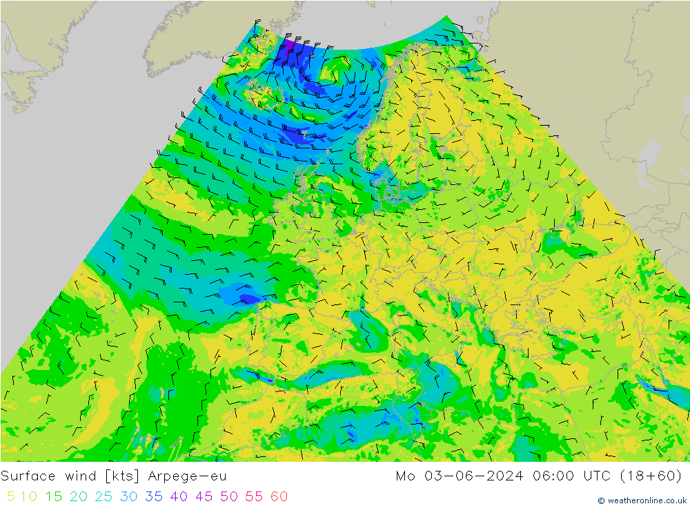 Vento 10 m Arpege-eu lun 03.06.2024 06 UTC