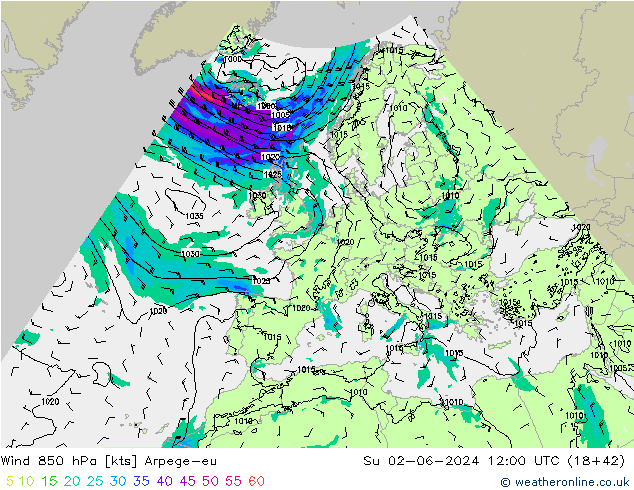 Wind 850 hPa Arpege-eu So 02.06.2024 12 UTC