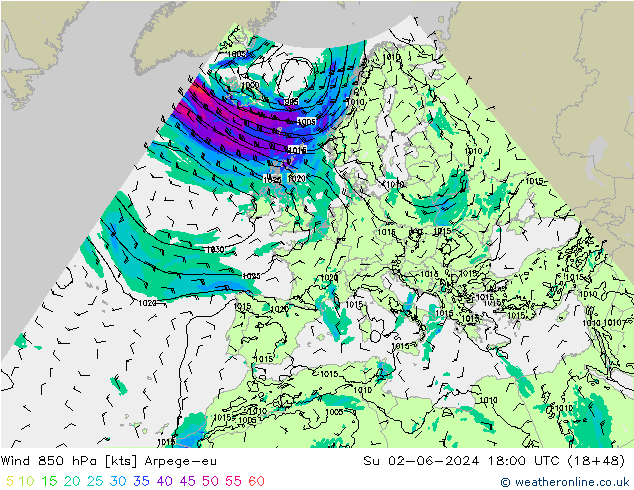 wiatr 850 hPa Arpege-eu nie. 02.06.2024 18 UTC