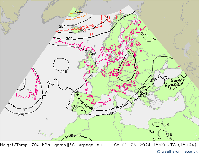 Yükseklik/Sıc. 700 hPa Arpege-eu Cts 01.06.2024 18 UTC