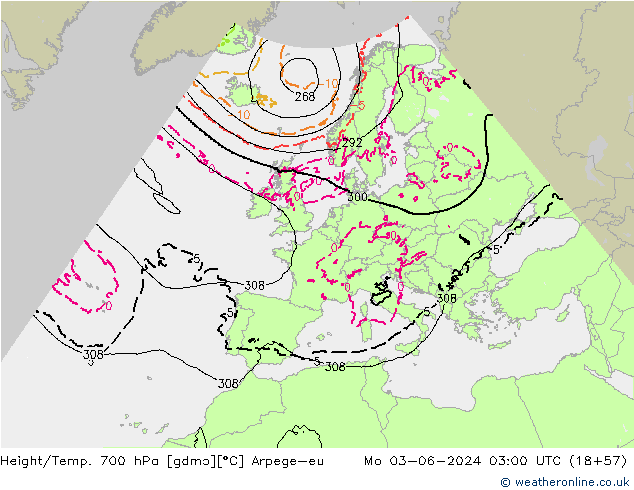 Yükseklik/Sıc. 700 hPa Arpege-eu Pzt 03.06.2024 03 UTC