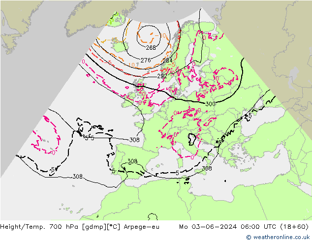 Height/Temp. 700 hPa Arpege-eu  03.06.2024 06 UTC