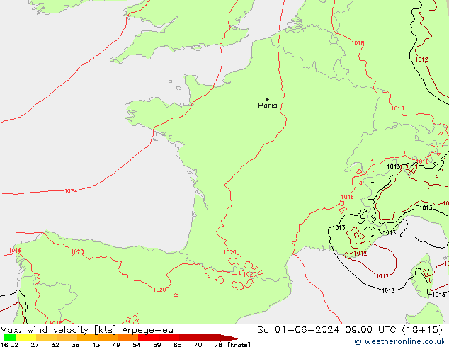 Max. wind velocity Arpege-eu  01.06.2024 09 UTC