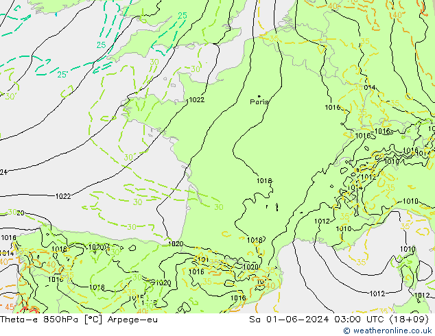 Theta-e 850hPa Arpege-eu Sa 01.06.2024 03 UTC