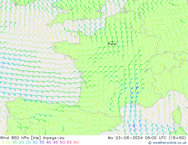 Wind 850 hPa Arpege-eu Mo 03.06.2024 06 UTC