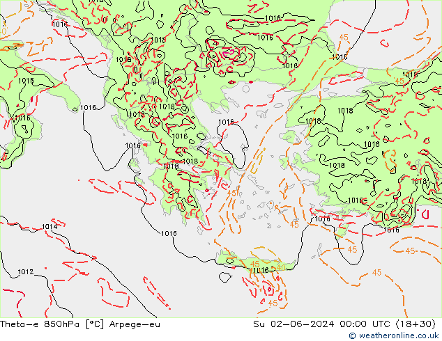 Theta-e 850hPa Arpege-eu So 02.06.2024 00 UTC