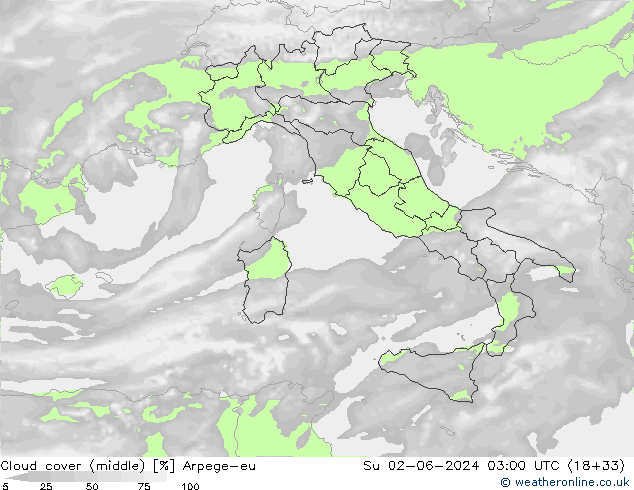 Cloud cover (middle) Arpege-eu Su 02.06.2024 03 UTC