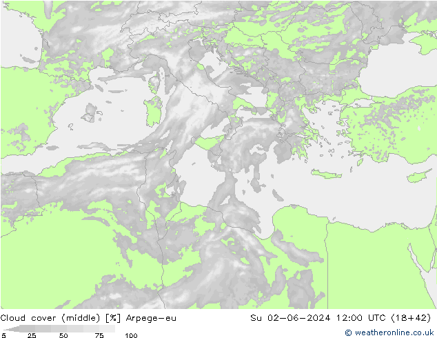 Cloud cover (middle) Arpege-eu Su 02.06.2024 12 UTC