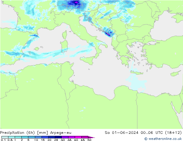 Totale neerslag (6h) Arpege-eu za 01.06.2024 06 UTC