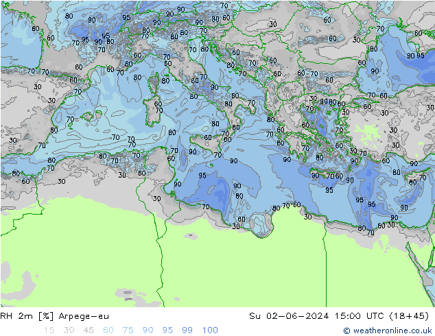 Humidité rel. 2m Arpege-eu dim 02.06.2024 15 UTC