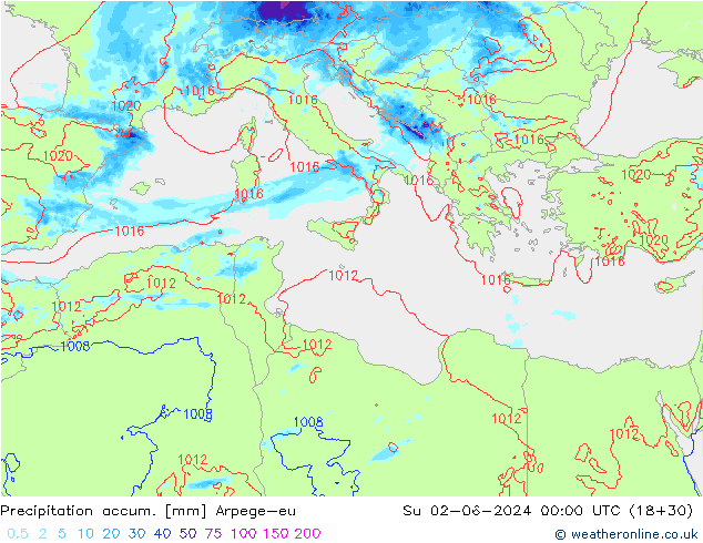 Precipitation accum. Arpege-eu Вс 02.06.2024 00 UTC