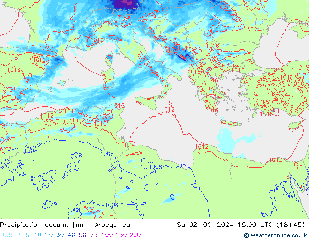 Toplam Yağış Arpege-eu Paz 02.06.2024 15 UTC