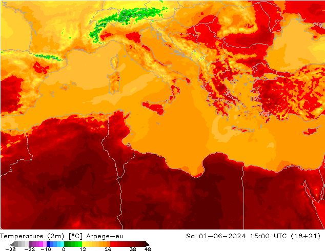 Temperatuurkaart (2m) Arpege-eu za 01.06.2024 15 UTC