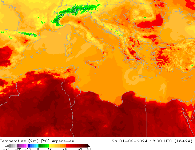 Temperaturkarte (2m) Arpege-eu Sa 01.06.2024 18 UTC