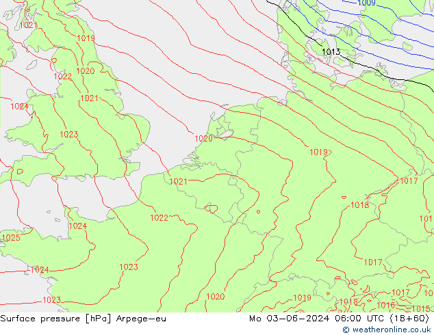 Atmosférický tlak Arpege-eu Po 03.06.2024 06 UTC