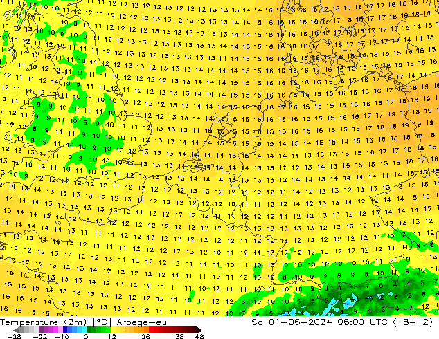 Temperatura (2m) Arpege-eu sab 01.06.2024 06 UTC