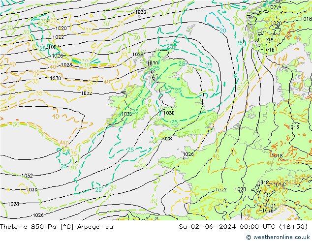 Theta-e 850гПа Arpege-eu Вс 02.06.2024 00 UTC