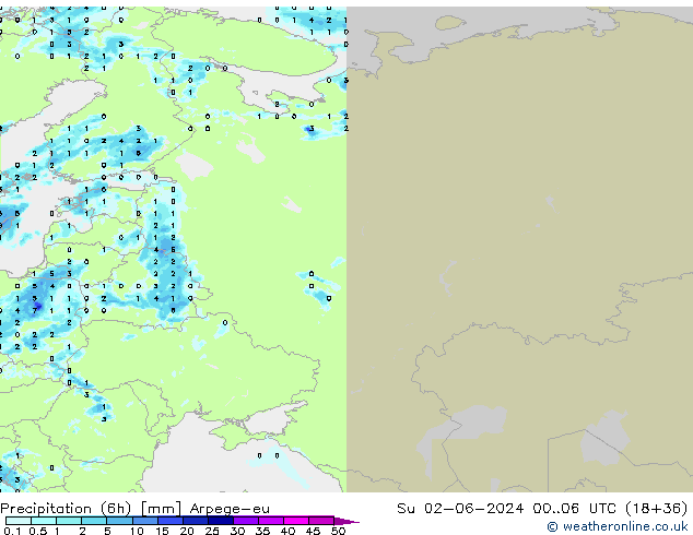 Precipitation (6h) Arpege-eu Ne 02.06.2024 06 UTC