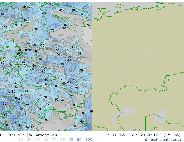 RH 700 hPa Arpege-eu ven 31.05.2024 21 UTC
