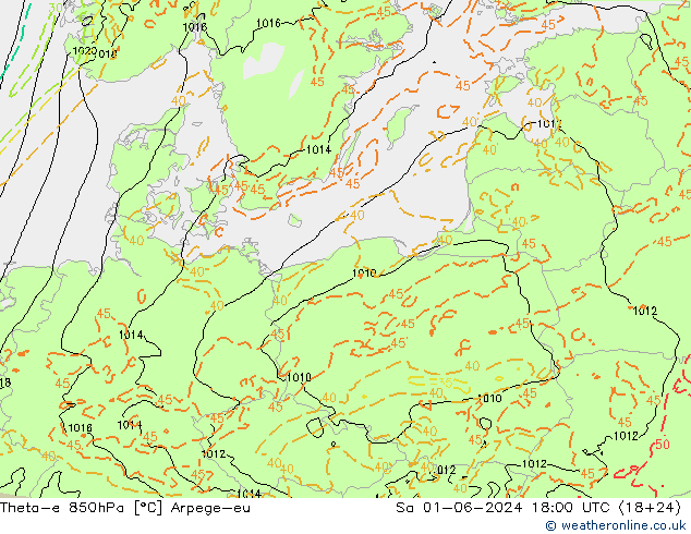 Theta-e 850hPa Arpege-eu so. 01.06.2024 18 UTC