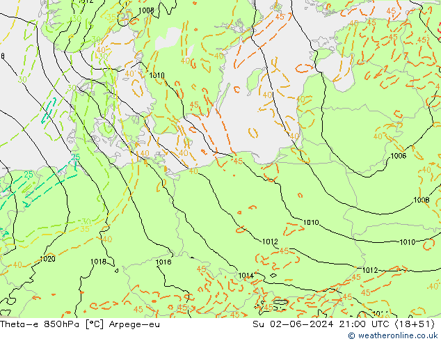 Theta-e 850hPa Arpege-eu Paz 02.06.2024 21 UTC