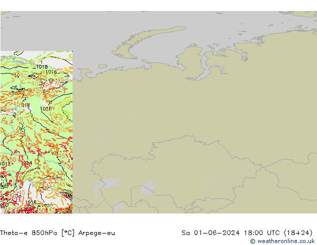 Theta-e 850hPa Arpege-eu so. 01.06.2024 18 UTC
