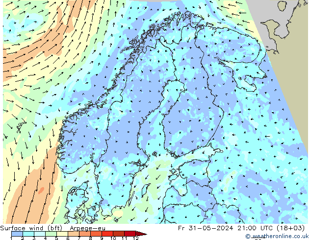 Bodenwind (bft) Arpege-eu Fr 31.05.2024 21 UTC