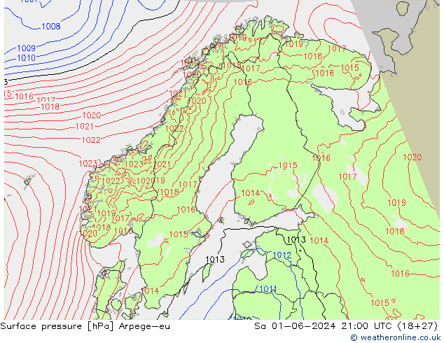 Pressione al suolo Arpege-eu sab 01.06.2024 21 UTC