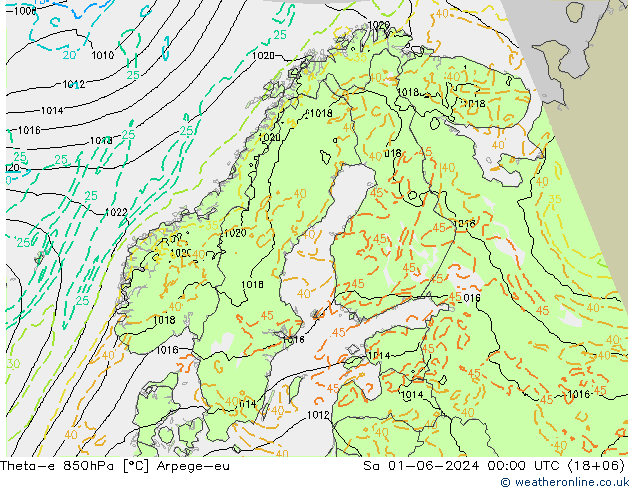 Theta-e 850hPa Arpege-eu sam 01.06.2024 00 UTC