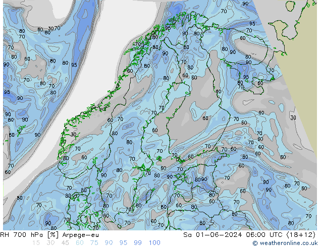 RH 700 hPa Arpege-eu Sa 01.06.2024 06 UTC