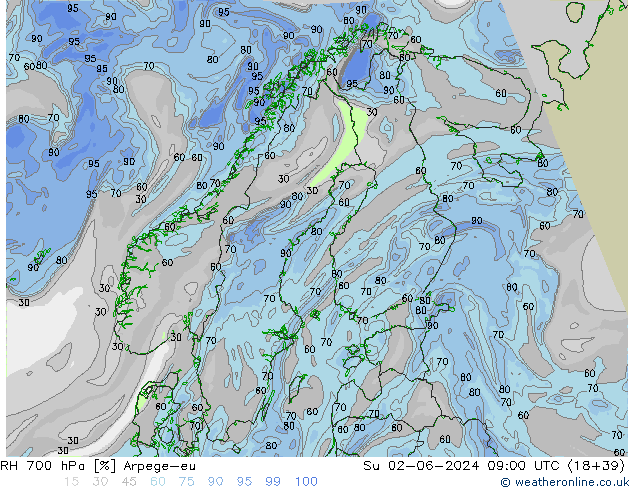 RH 700 hPa Arpege-eu  02.06.2024 09 UTC