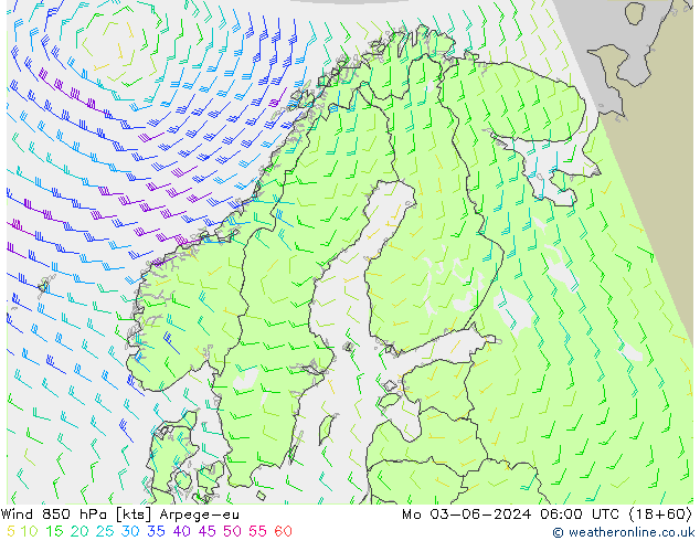 Wind 850 hPa Arpege-eu Po 03.06.2024 06 UTC