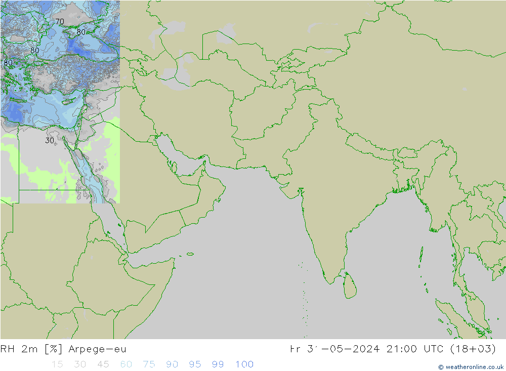 RH 2m Arpege-eu 星期五 31.05.2024 21 UTC