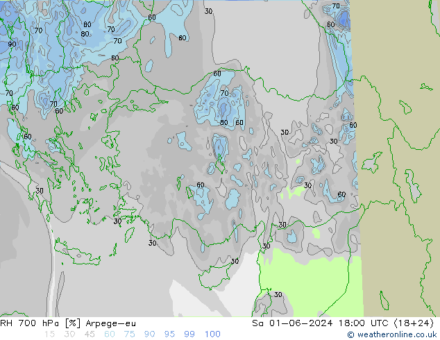 Humidité rel. 700 hPa Arpege-eu sam 01.06.2024 18 UTC