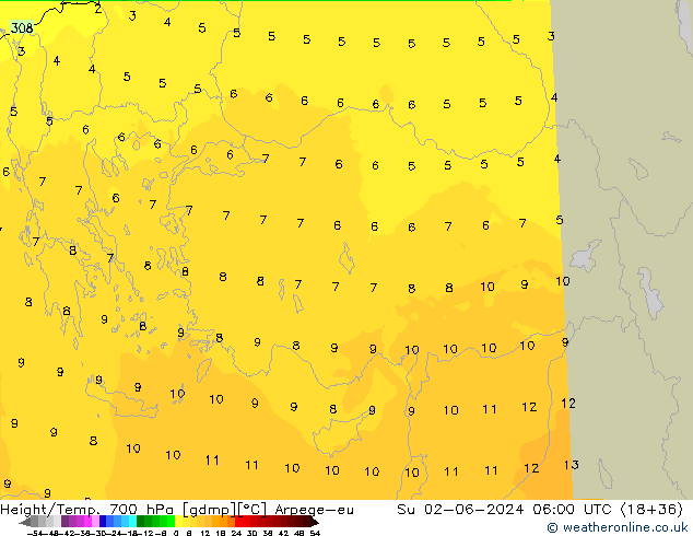 Geop./Temp. 700 hPa Arpege-eu dom 02.06.2024 06 UTC