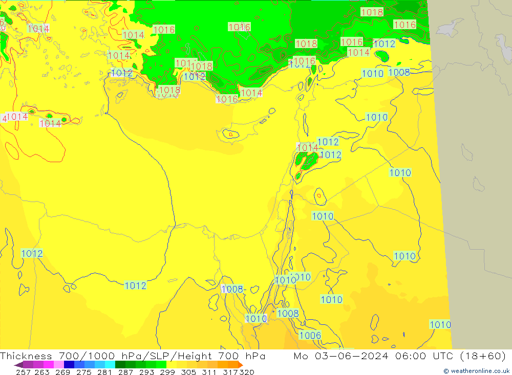 Espesor 700-1000 hPa Arpege-eu lun 03.06.2024 06 UTC