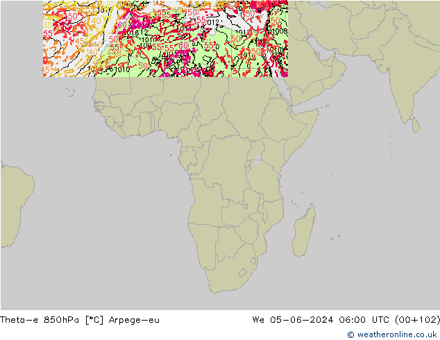 Theta-e 850hPa Arpege-eu wo 05.06.2024 06 UTC