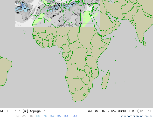 Humidité rel. 700 hPa Arpege-eu mer 05.06.2024 00 UTC