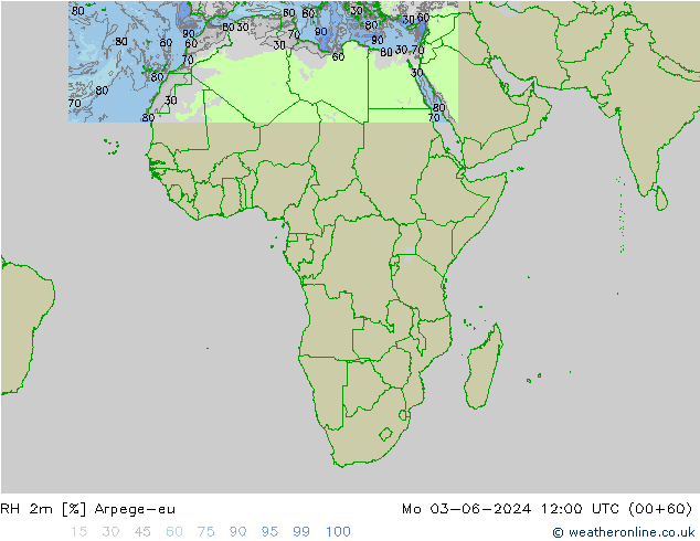 Humidité rel. 2m Arpege-eu lun 03.06.2024 12 UTC