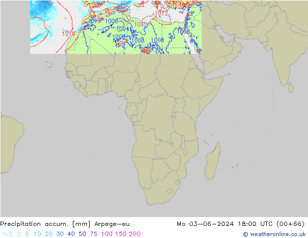 Precipitation accum. Arpege-eu Mo 03.06.2024 18 UTC