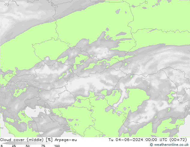 Cloud cover (middle) Arpege-eu Tu 04.06.2024 00 UTC