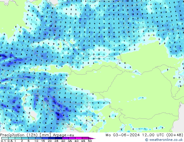 Precipitation (12h) Arpege-eu Po 03.06.2024 00 UTC