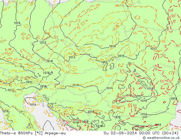 Theta-e 850hPa Arpege-eu  02.06.2024 00 UTC