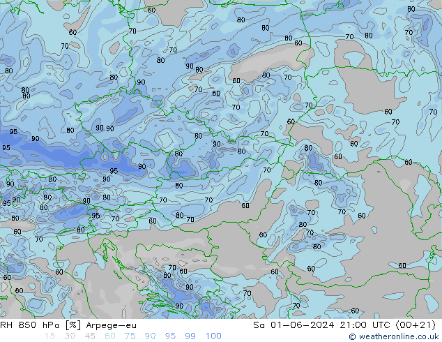 RH 850 гПа Arpege-eu сб 01.06.2024 21 UTC