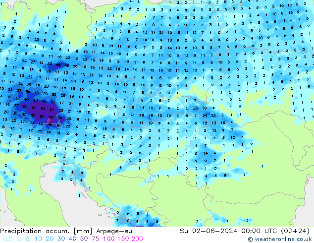 Precipitation accum. Arpege-eu  02.06.2024 00 UTC